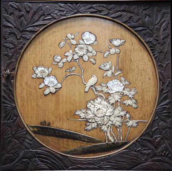 A fine Japanese hardwood and Shibayama style inlaid cabinet (shodana), Meiji period, W.4ft 9in. D.1ft 3in. H.7ft